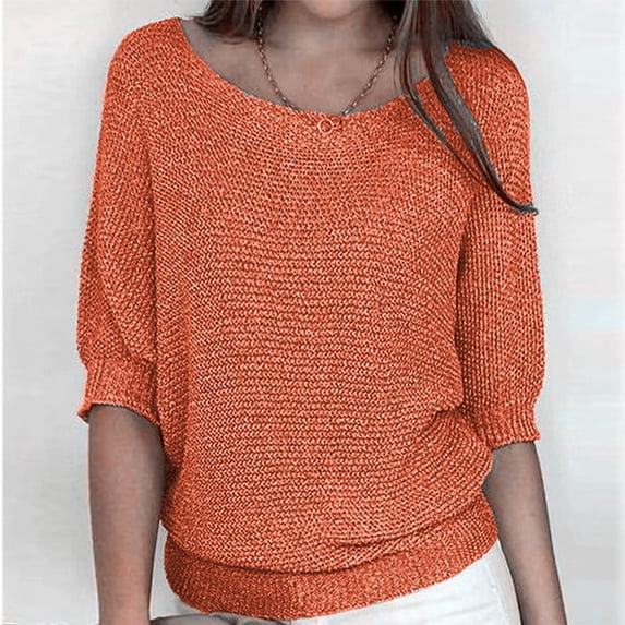 Amidoa Crochet Sweaters for Women Trendy Lightweight Orange 3/4 Sleeve Round Neck Fall Sweaters Women's Cardigans XXL