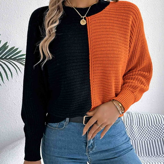 Amidoa Crochet Women's Sweaters Long Sleeve Fall Orange Colorblock Pullover Lightweight Sweaters Womens Sweaters S