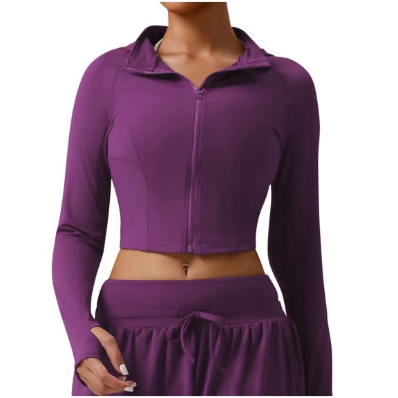 Amidoa Cropped Coats for Women Purple Sport Full Zip Jackets Yoga Long Sleeve Lightweight Hoodies Jackets for Women S