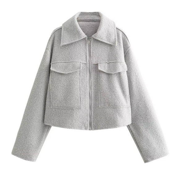 Amidoa Cropped Women's Coats Bomber Full-Zip Gray Jacket Long Sleeve Lapel Collar Western Clothes Jackets for Women L