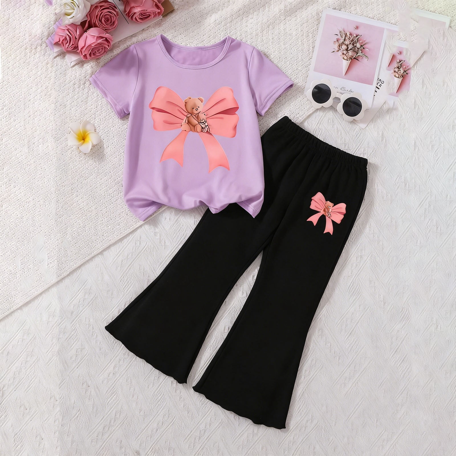 Cute Girls Summer Outfits Short Sleeves Bow T-Shirts and Elastic Waist Casual Summer Kids Pants Clothing Set,Purple Size 6