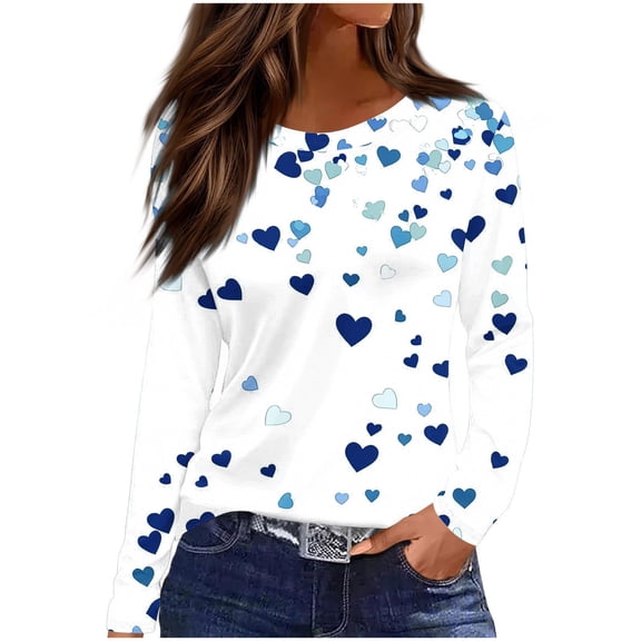 Amidoa Cute Womens Tops Valentines Blue Winter Blouses Long Love Heart Vacation Going out Shirts Womens Shirts XXXXL