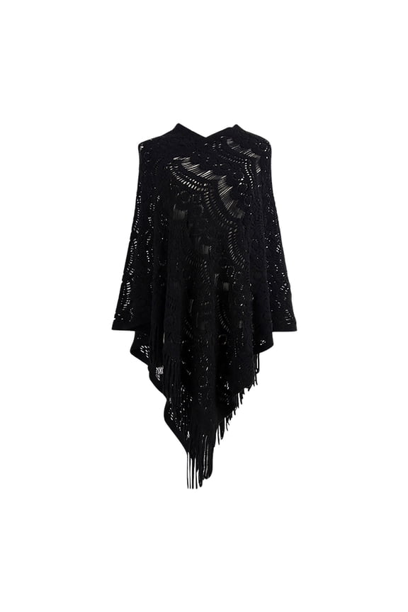 Cutout Women's Sweaters Knit Long Sleeve Black Shirring Hem Solid Fringe Shawls Cardigans for Women Free Size