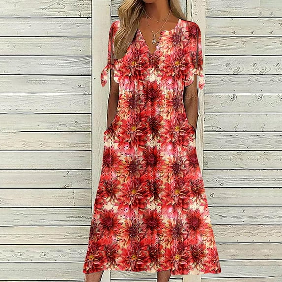 Amidoa Dresses for Girls V-Neck Off the Shoulder Short Sleeve Cutout Ruffled Smocked Sundress Woman Dresses for Church