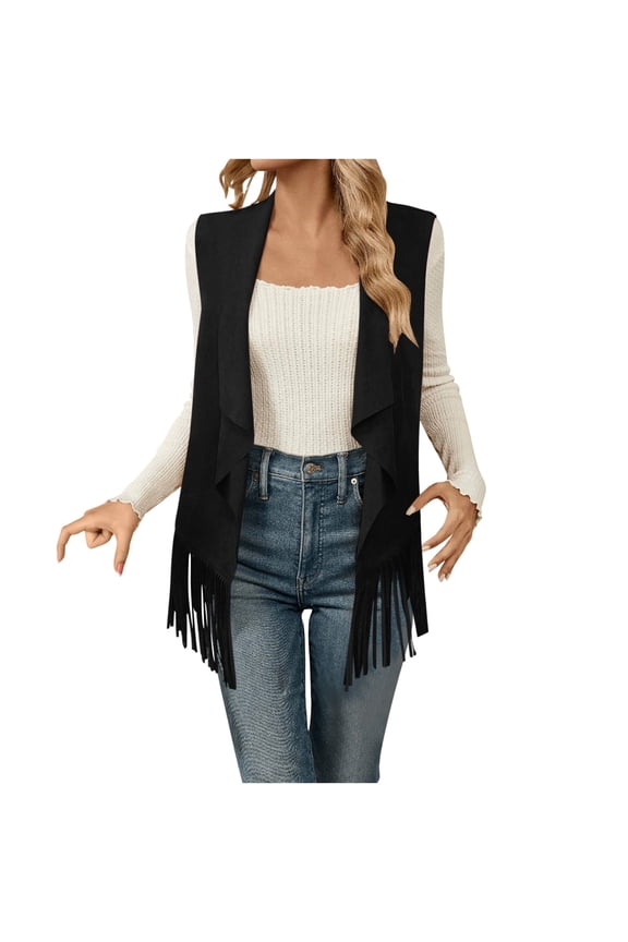 Dressy Coats for Women Suede Open Front Black Western Vest Frayed Hem Sleeveless Waistcoat Shackets for Women XL