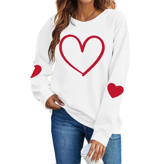Amidoa Dressy Ladies Tops Long Sleeve White Valentines Sweatshirts Teacher Pullover Heart Blouses Blouses for Women XS
