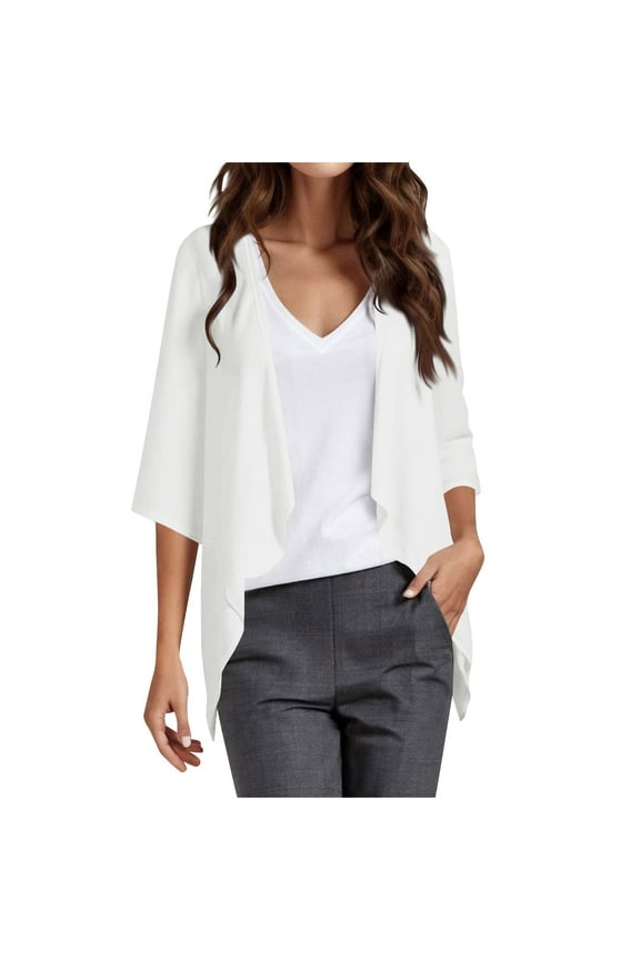 Fall Women's Coats Open Front Lightweight Chiffon Cardigan 3/4 Sleeve Shirring Hem Shirts Jackets for Women L