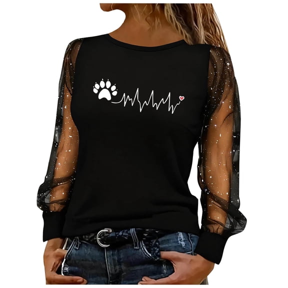 Amidoa Fashion Tops for Women Valentine's Day Black Sparkly Shirts See Thru Going out Heart Clothes Womens Blouse L