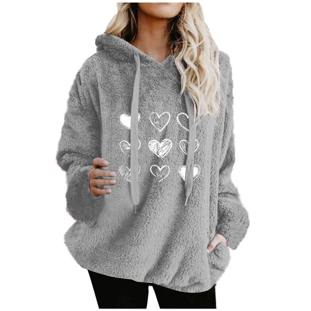 Amidoa Fleece Hoodie Women Gray Long Sleeve Cute Hoodies Pocket Graphic Drawstring Winter Clothes Women Blouse M