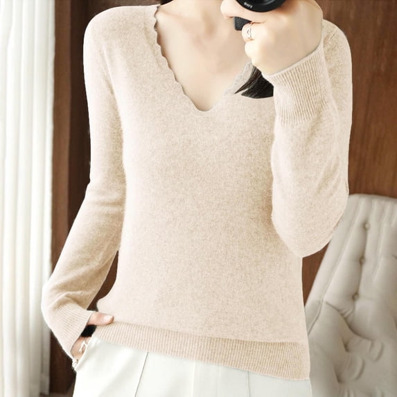 Amidoa Fleece Women Sweater V-Neck Beige Long Sleeve Soft Ruffle Solid Sweaters Womens Sweaters Cardigan XL