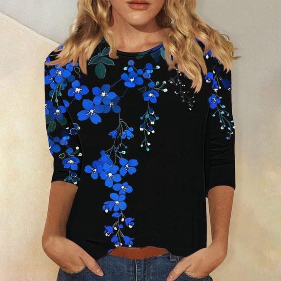 Amidoa Floral Tops for Women Plus Size 3/4 Sleeve Crewneck Graphic Tees Womens Shirts L