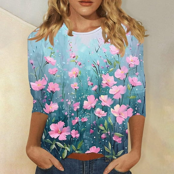 Amidoa Floral Tops for Women Plus Size 3/4 Sleeve Crewneck Graphic Tees Womens Shirts L
