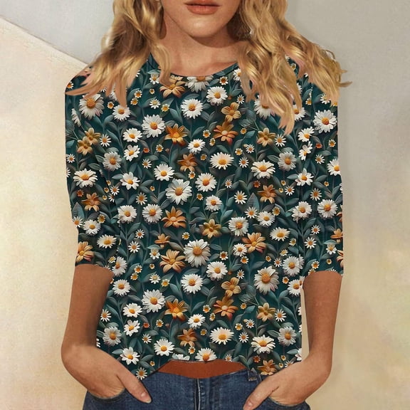 Amidoa Floral Womens Blouses 3/4 Sleeve Plus Size Crewneck Graphic Tees Shirts for Women XL