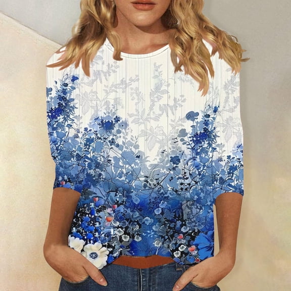 Amidoa Floral Womens Blouses Plus Size 3/4 Sleeve Crewneck Graphic Tees Shirts for Women XL