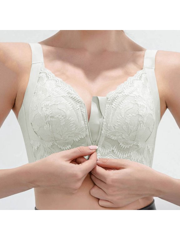 Full Coverage Bras for Women Lace Front Zipper White Embroidered Bra Bralettes for Women 34/75BC