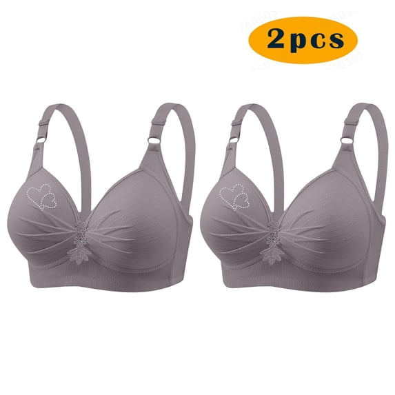 Amidoa Full-Figure Bras for Older Women Gray Wire-Free Heavy Breast 2 Pcs Solid Bras Women's Lingerie XS
