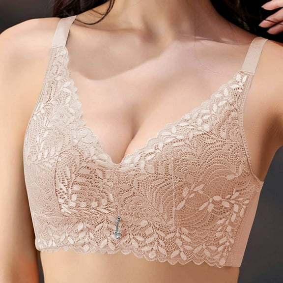 Amidoa Full-Figure Bras for Women Beige Wire-Free Large Bust Embroidered Lace Bra Bralettes for Women 38/85C