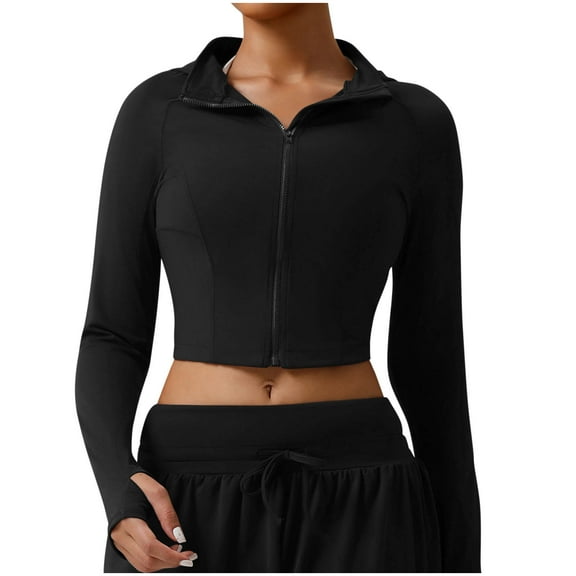 Amidoa Full Zip Coats for Women Sport Black Cropped Jackets Lightweight Long Sleeve Yoga Hoodies Jacket for Women L