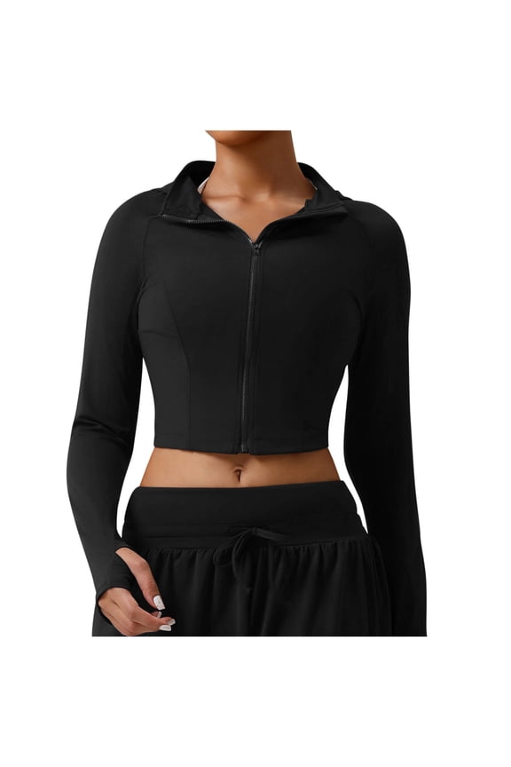 Full Zip Coats for Women Sport Black Cropped Jackets Lightweight Long Sleeve Yoga Hoodies Jacket for Women L