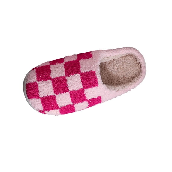 Amidoa Furry Women Slippers House Pink Valentines Plaid Winter Cute Memory Foam Slippers Women Clogs 36