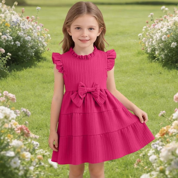 Amidoa Girl Dresses A-Line Ruffle Sleeve Solid Color Dress Summer Casual Sundress for Kids Hot Pink Size 2T