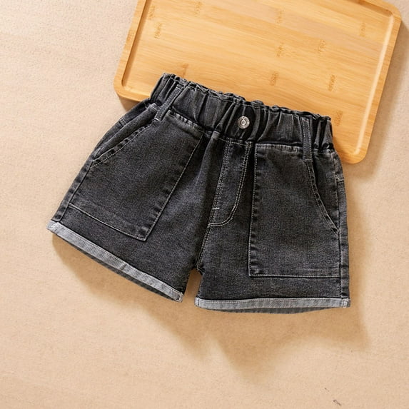 Amidoa Girl Jean Shorts Baggy Cute Elastic Waist Straight Leg Stretch Denim Shorts,Black,12-13Years