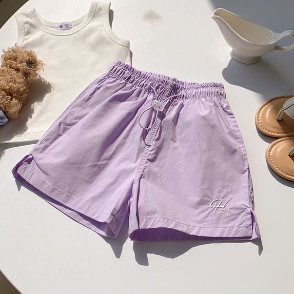 Amidoa Girl Shorts Elastic Waist Quick Dry Solid Color Baggy Summer Casual Shorts Purple,8 Years