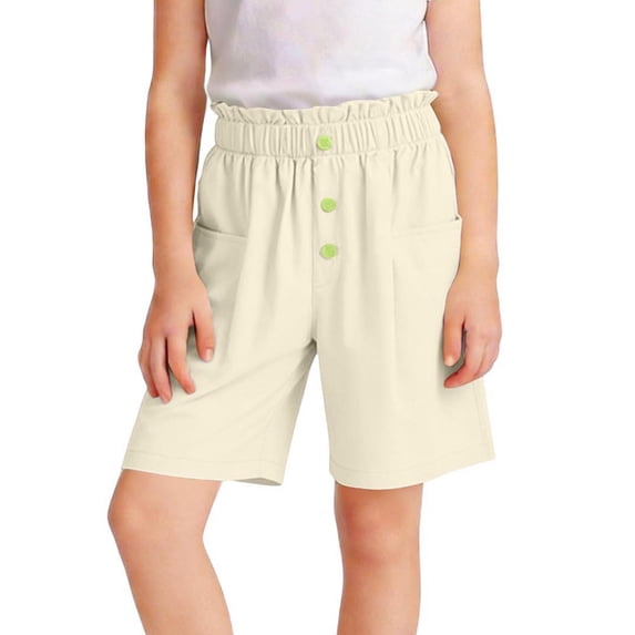 Amidoa Girl Shorts Elastic Waist With Pockets Wide Leg High Waisted Casual Baggy Summer Shorts,Beige,13-14 Years