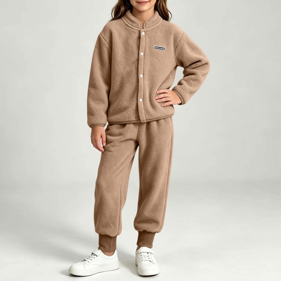 Amidoa Girls 2 Piece Outfits Fall Winter Clothes Fleece Long Sleeve Top and Pants Kids Clothing Sets Khaki Size 4-5 Years