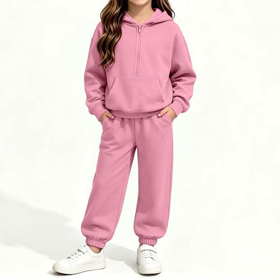 Amidoa Girls 2 Piece Outfits Fall Winter Clothes Fleece Solid Color Hooded Long Sleeve Sweatshirt and Pants Kids Clothing Sets Pink Size 11-12 Years