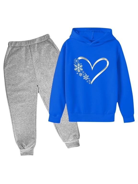 Girls 2 Piece Outfits Fall Winter Clothes Hooded Print Long Sleeve Top and Pants Kids Clothing Sets Blue Size 11 Years