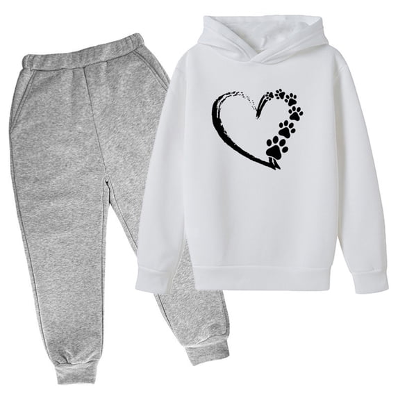 Amidoa Girls 2 Piece Outfits Fall Winter Clothes Hooded Print Long Sleeve Top and Pants Kids Clothing Sets White Size 11 Years