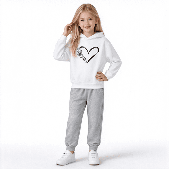 Amidoa Girls 2 Piece Outfits Fall Winter Clothes Hooded Print Long Sleeve Top and Pants Kids Clothing Sets White Size 9 Years