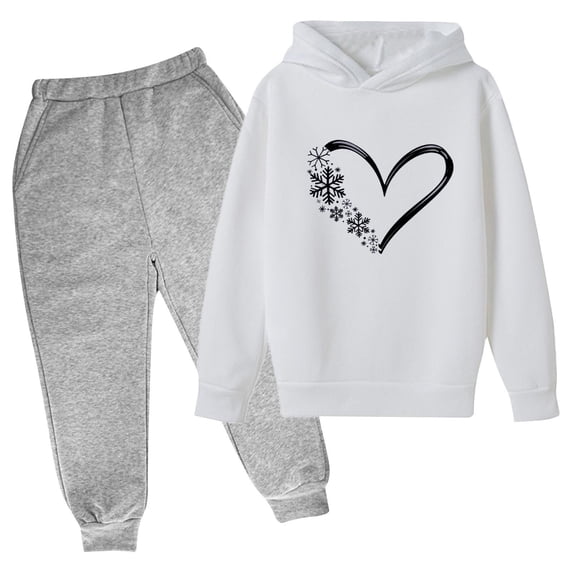 Amidoa Girls 2 Piece Outfits Fall Winter Clothes Hooded Print Long Sleeve Top and Pants Kids Clothing Sets White Size 9 Years