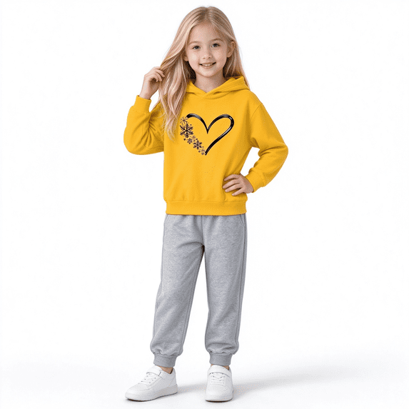 Amidoa Girls 2 Piece Outfits Fall Winter Clothes Hooded Print Long Sleeve Top and Pants Kids Clothing Sets Yellow Size 13 Years