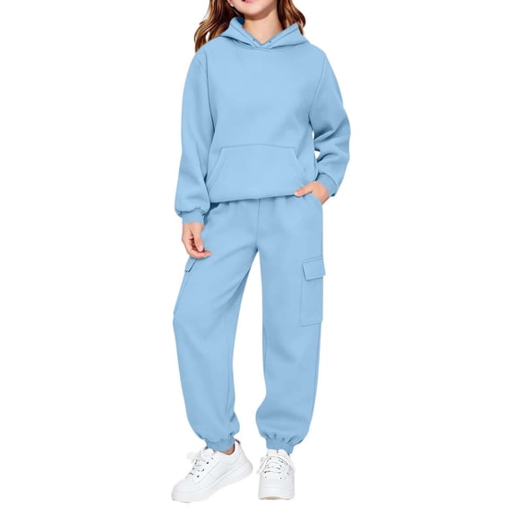 Amidoa Girls 2 Piece Outfits Fall Winter Clothes Hooded Solid Color Long Sleeve Sweatshirt and Pants Kids Clothing Sets Light Blue Size 100