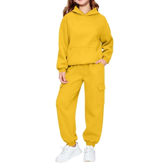 Amidoa Girls 2 Piece Outfits Fall Winter Clothes Hooded Solid Color Long Sleeve Sweatshirt and Pants Kids Clothing Sets Yellow Size 120