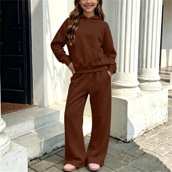 Amidoa Girls 2 Piece Outfits Fall Winter Clothes Hoodie Solid Color Soft Long Sleeved Sweatshirt and Pants Kids Clothing Sets