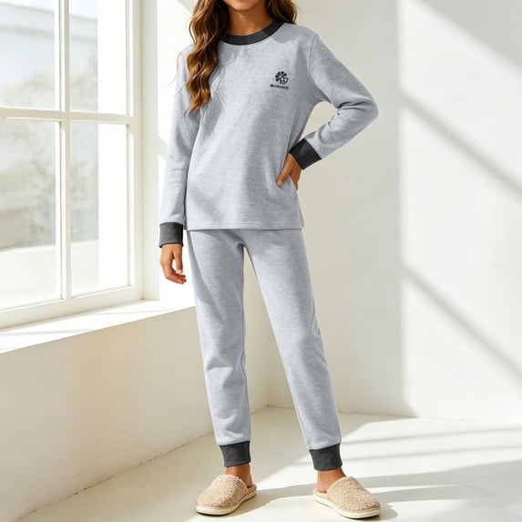 Amidoa Girls 2 Piece Outfits Fall Winter Clothes Long Sleeve Top and Casual Pants Kids Clothing Sets Size Gray 6-7 Years