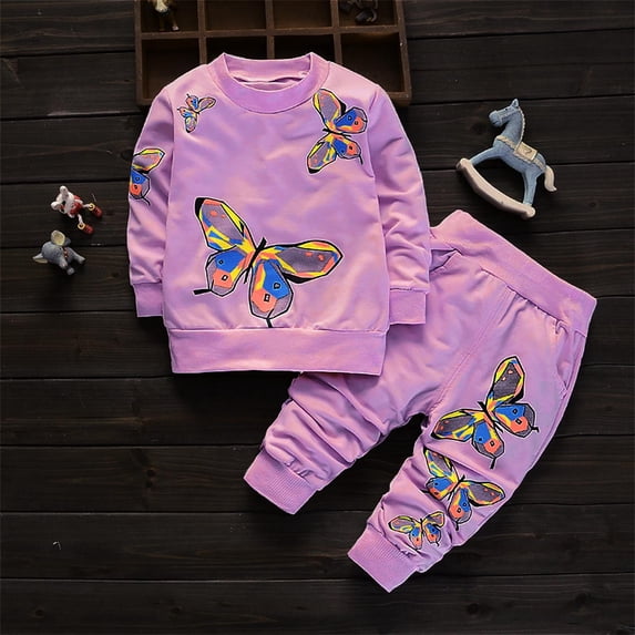 Amidoa Girls 2 Piece Outfits Fall Winter Clothes Print Long Sleeve Sweatshirt and Casual Pants Kids Clothing Sets Purple Size 3 Years