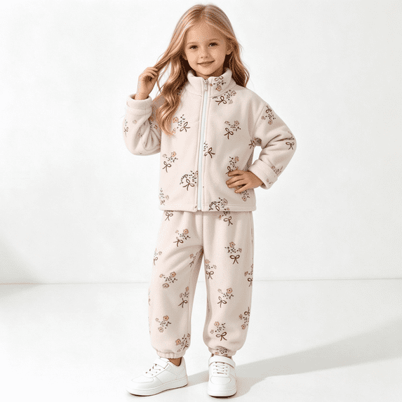 Amidoa Girls 2 Piece Outfits Fall Winter Clothes Print Zip Long Sleeve Top and Casual Pants Kids Clothing Sets Size Khaki 5-6 Years
