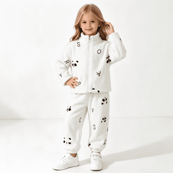 Amidoa Girls 2 Piece Outfits Fall Winter Clothes Print Zip Long Sleeve Top and Casual Pants Kids Clothing Sets Size White 9-10 Years