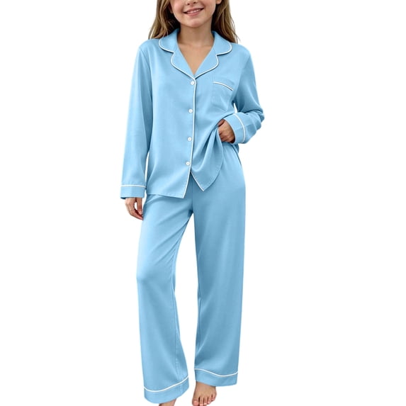 Amidoa Girls 2 Piece Outfits Fall Winter Clothes Snug fit Soft Turn-down Collar Long Sleeve and Pants Kids Clothing Sets Blue Size 5-6 Years