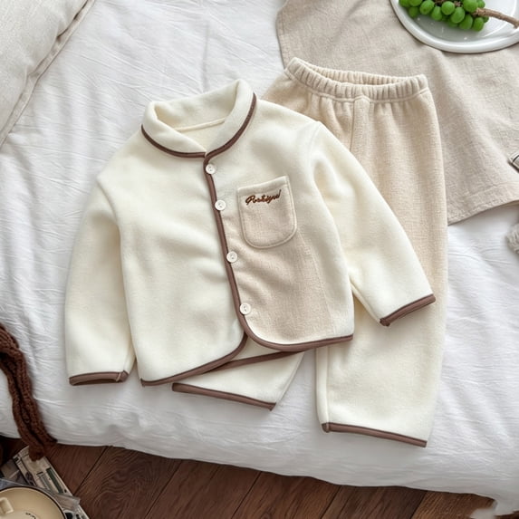 Amidoa Girls 2 Piece Outfits Fall Winter Clothes Soft Solid Color Long Sleeves Top and Casual Pants Kids Clothing Sets Beige Size 6 Months
