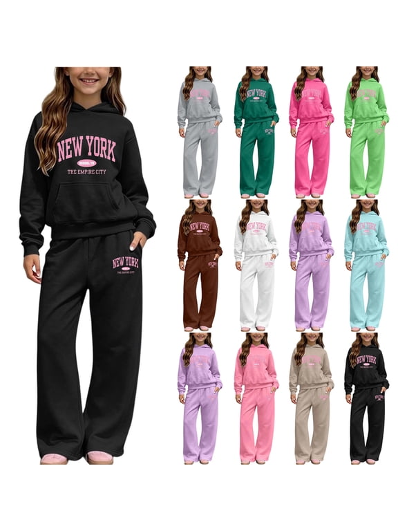 Girls 2 Piece Outfits Fall Winter Clothes Solid Color Fleece Hooded Long Sleeve Sweatshirt and Pants Kids Clothing Sets Pink Size 7-8 Years