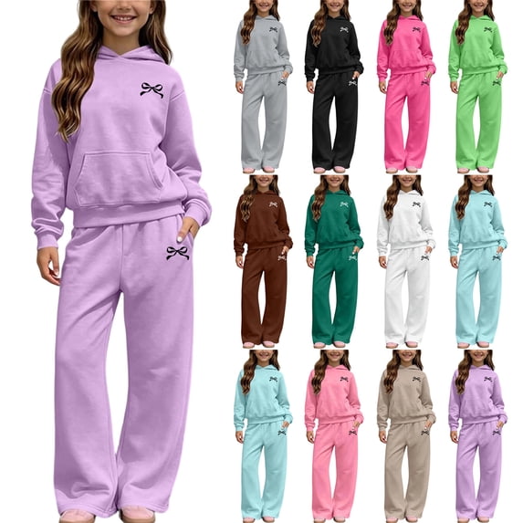 Amidoa Girls 2 Piece Outfits Fall Winter Clothes Solid Color Fleece Hooded Long Sleeve Sweatshirt and Pants Kids Clothing Sets White Size 7-8 Years