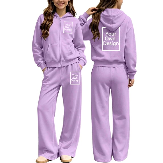 Amidoa Girls 2 Piece Outfits Fall Winter Clothes Solid Color Fleece Zip Hooded Long Sleeve Sweatshirt and Pants Kids Clothing Sets Purple Size 7-8 Years