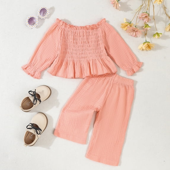 Amidoa Girls 2 Piece Outfits Fall Winter Clothes Solid Color Long Sleeve Top and Pants Kids Clothing Sets Pink Size 6 Months(80)