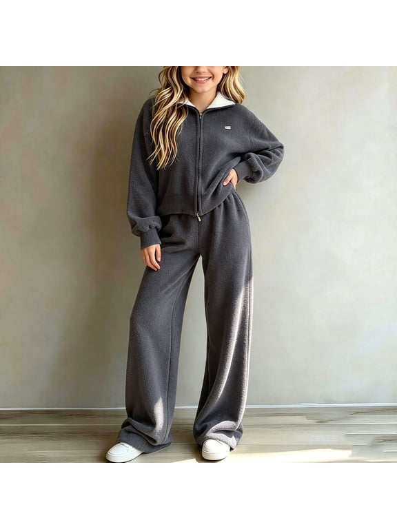 Girls 2 Piece Outfits Fall Winter Clothes Solid Color Sweater and Pants Kids Clothing Sets Dark Gray Size 12-13 Years