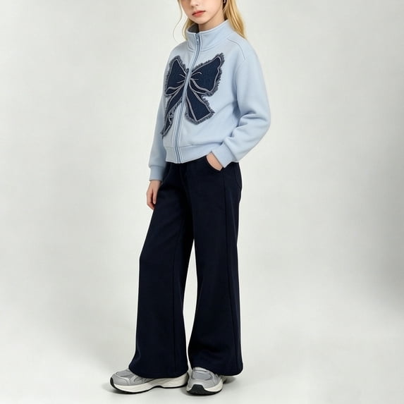 Amidoa Girls 2 Piece Outfits Fall Winter Clothes Zip Bow Cotton Long Sleeve jacket and Casual Wide Leg Pants Kids Clothing Sets Size Blue 2-3Years